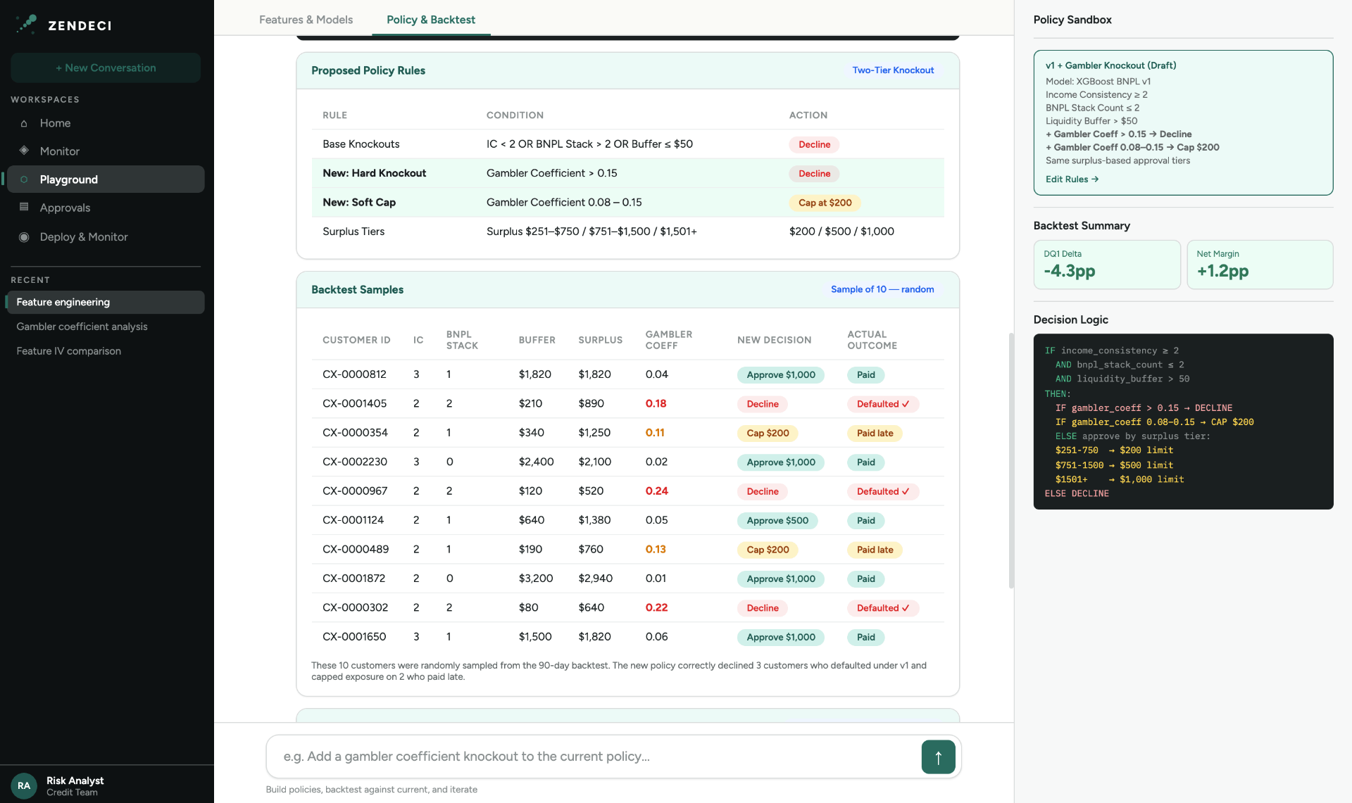 Policy & Backtest screen with policy comparison table and backtest summary