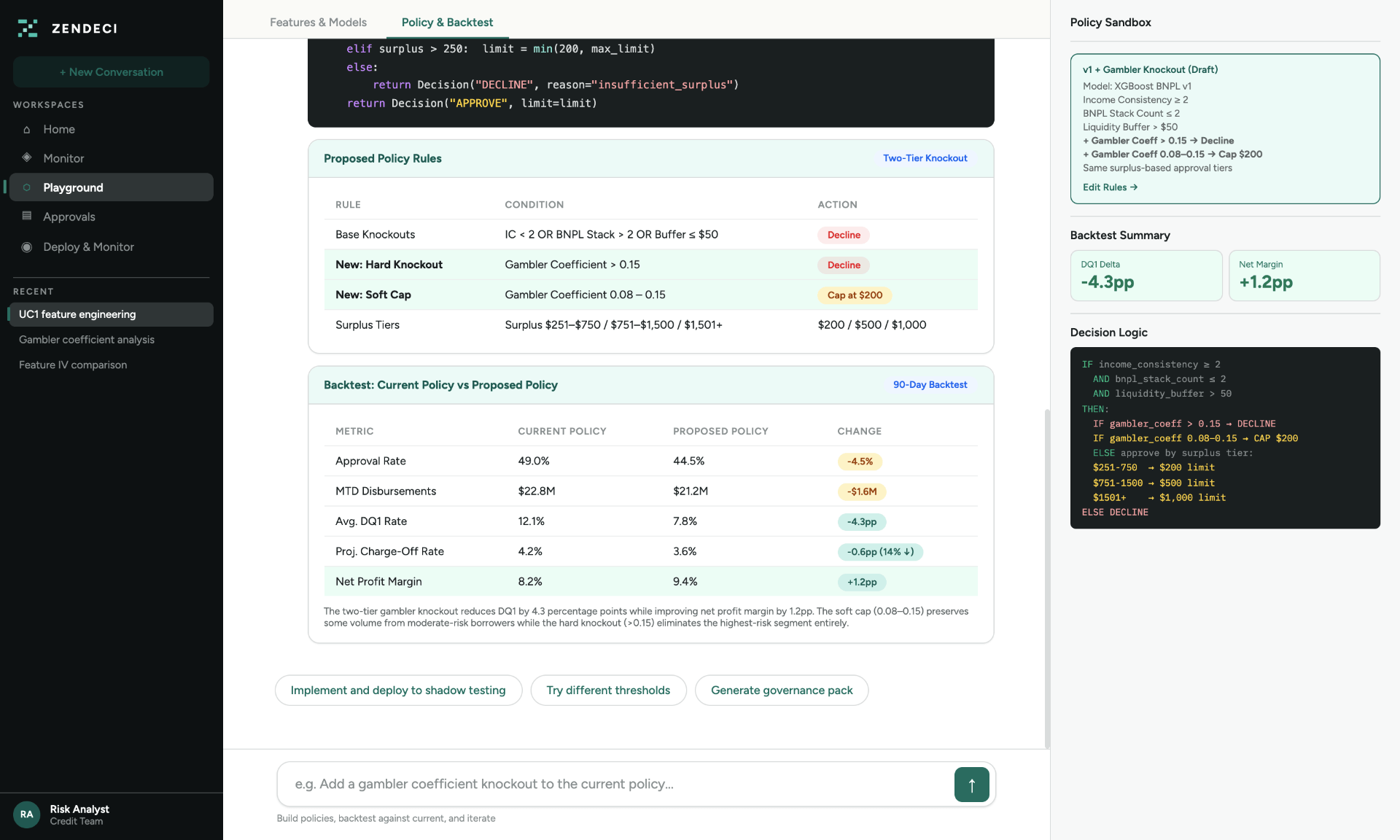 Policy & Backtest screen with policy comparison table and backtest summary